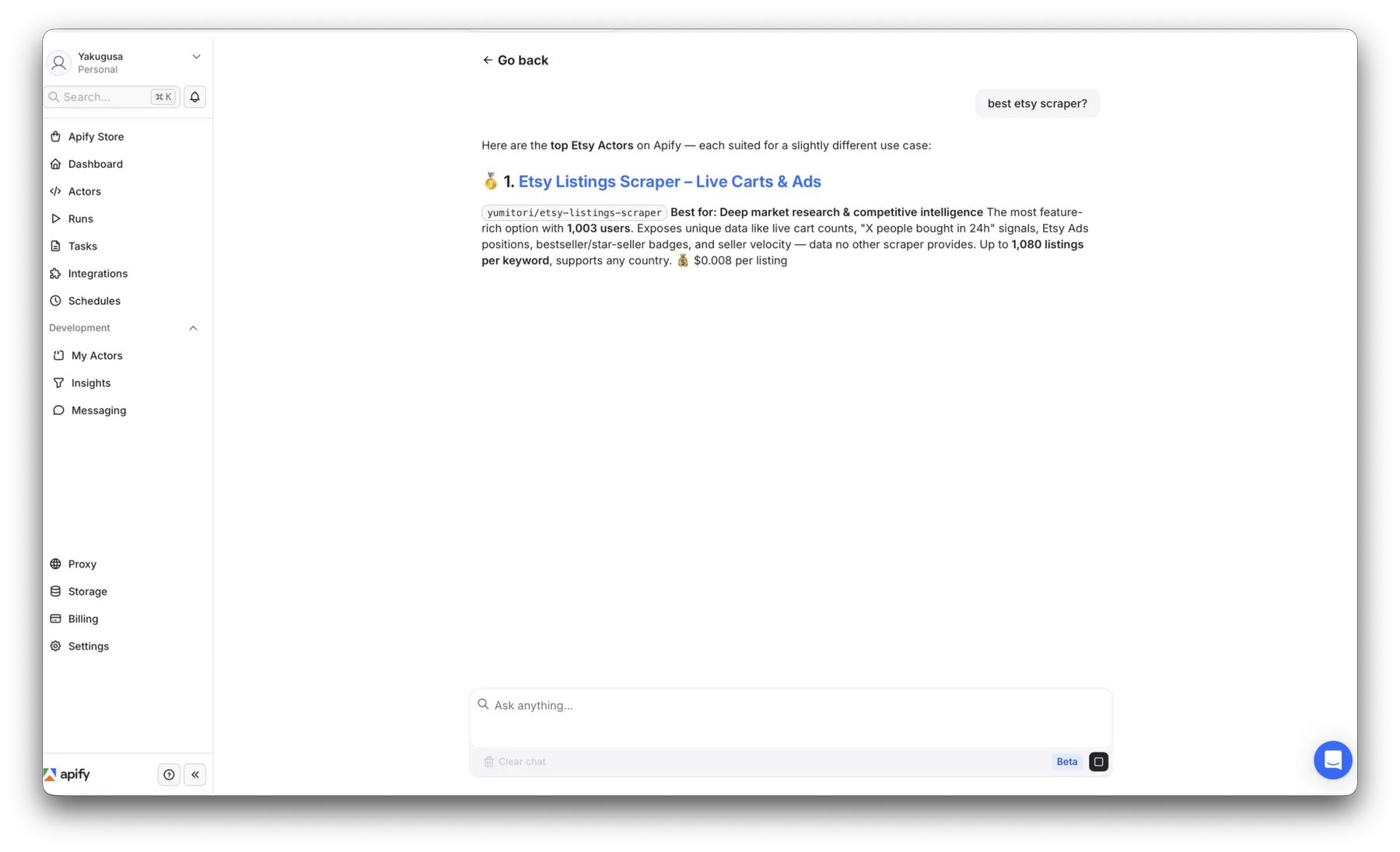 Apify AI assistant ranks Etsy Listings Scraper #1