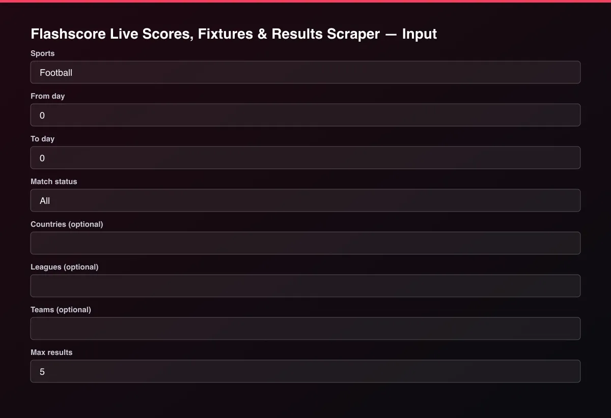 Flashscore Live Scores, Fixtures & Results Scraper input form