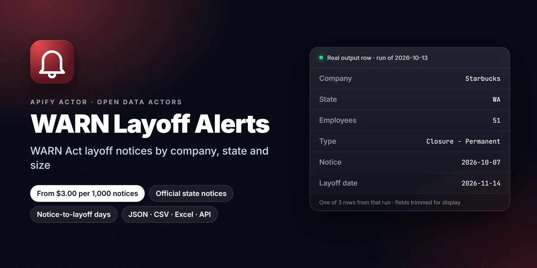 WARN Layoff Notices API: features, price and a real output row