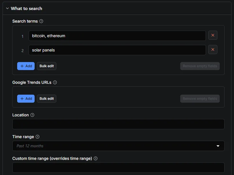 Google Trends Scraper input form: search terms, Google Trends URLs, location and time range