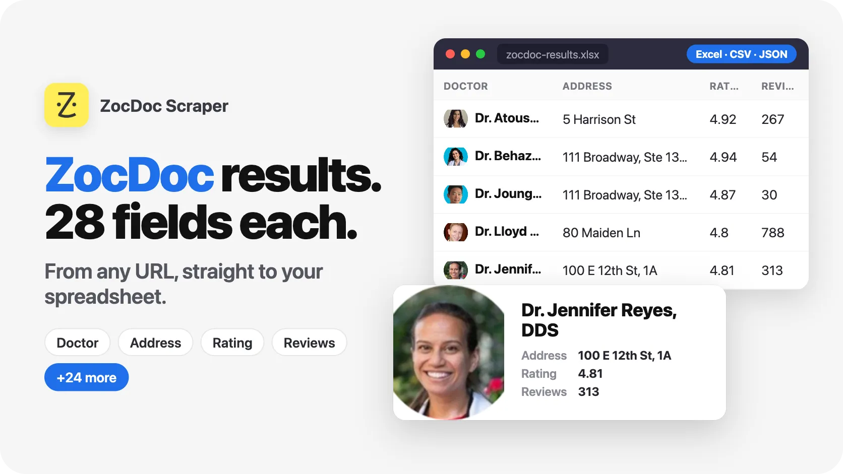 1 URL. 50 ZocDoc results. 9 fields per result.