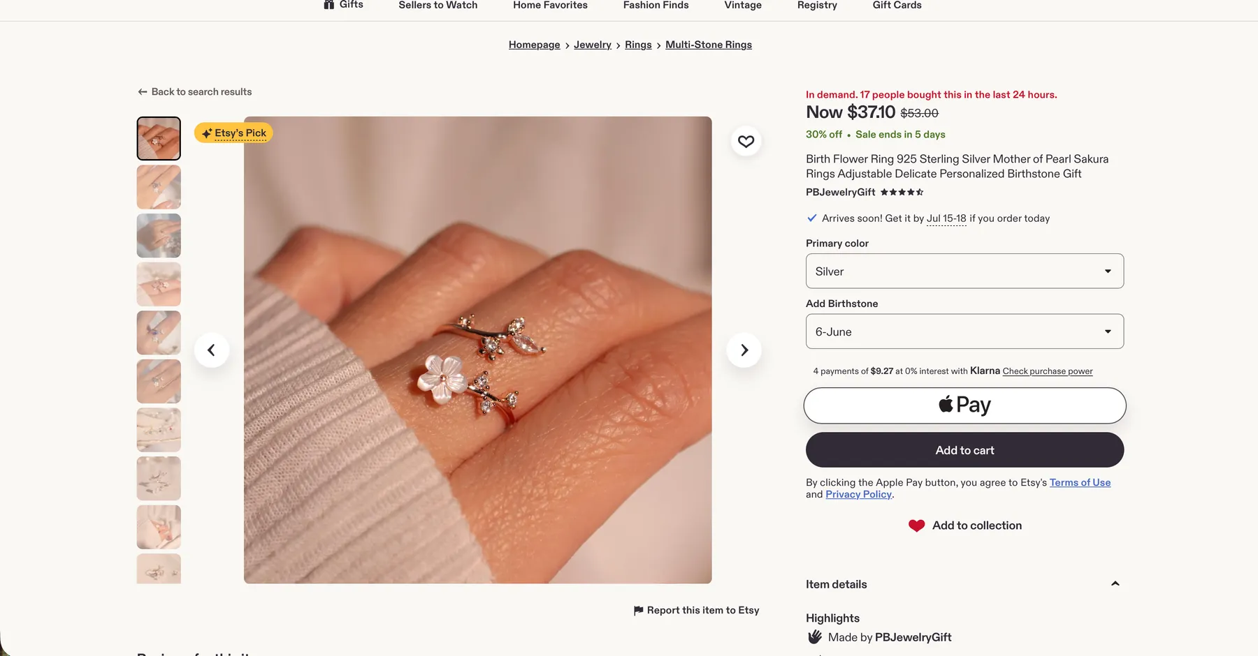 Etsy — birth flower ring, $37.10