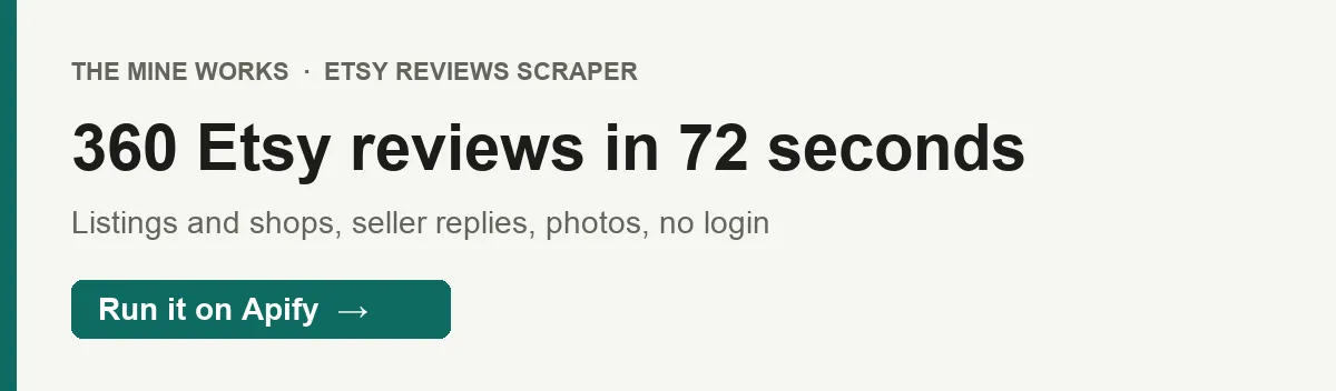 360 Etsy reviews from 3 listings and 2 shops in 72 seconds