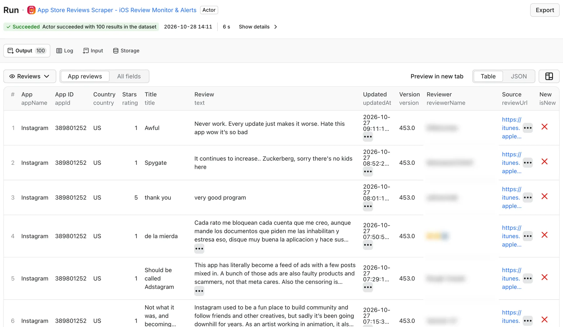 App Store Reviews Scraper output in Apify: app, app id, country, stars, title, review, updated