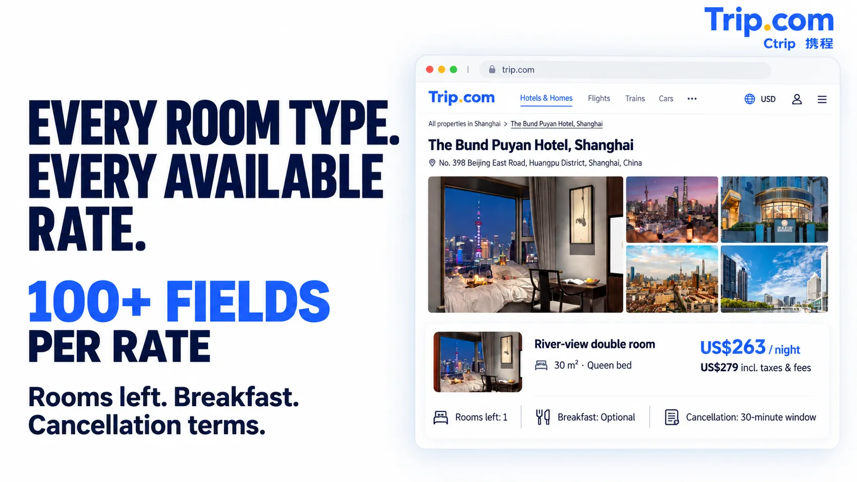 Every room type. Every available rate. 100+ fields per rate. Rooms left. Breakfast. Cancellation terms.