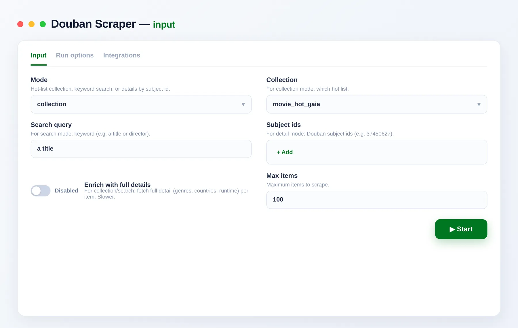 Douban Scraper input — mode, collection and max items in the Apify Console