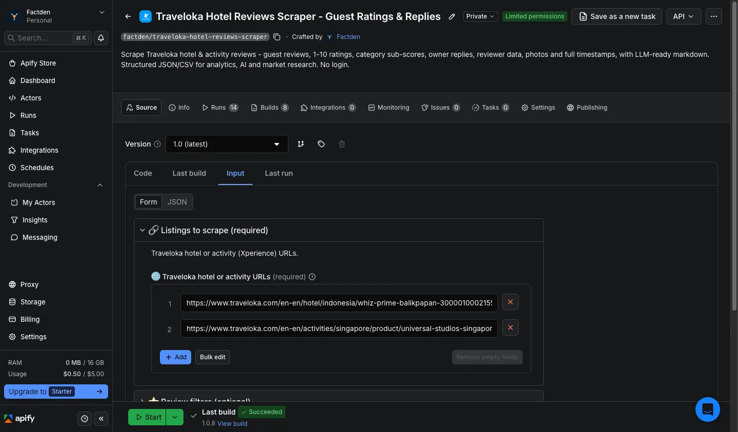 Traveloka Hotel and Activity Reviews Scraper input form on Apify Store with emoji-rich field titles, two prefilled demo URLs (a hotel and a Traveloka Xperience activity), date range and 10-point rating filters, and a one-line section description above each group
