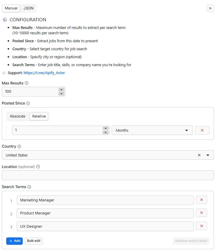 Job Search API Input Configuration - Multi-platform job search parameters including search terms, country selection, date filters, and location targeting for comprehensive job market intelligence