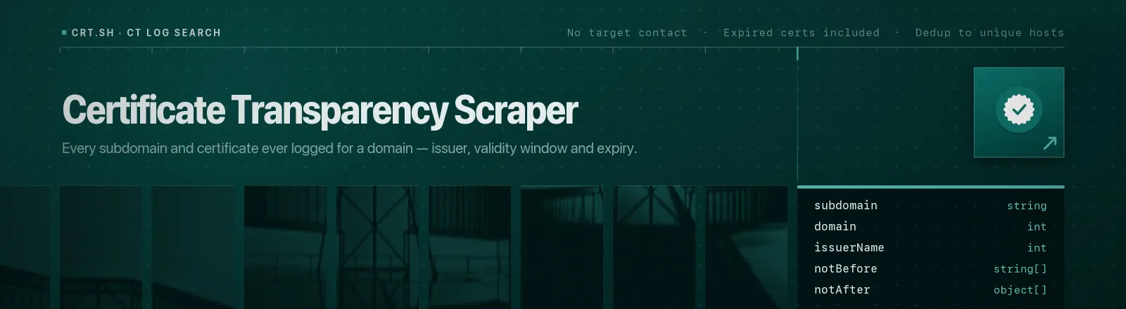 Certificate Transparency Scraper: Every subdomain and certificate ever logged for a domain, issuer, validity window and expiry