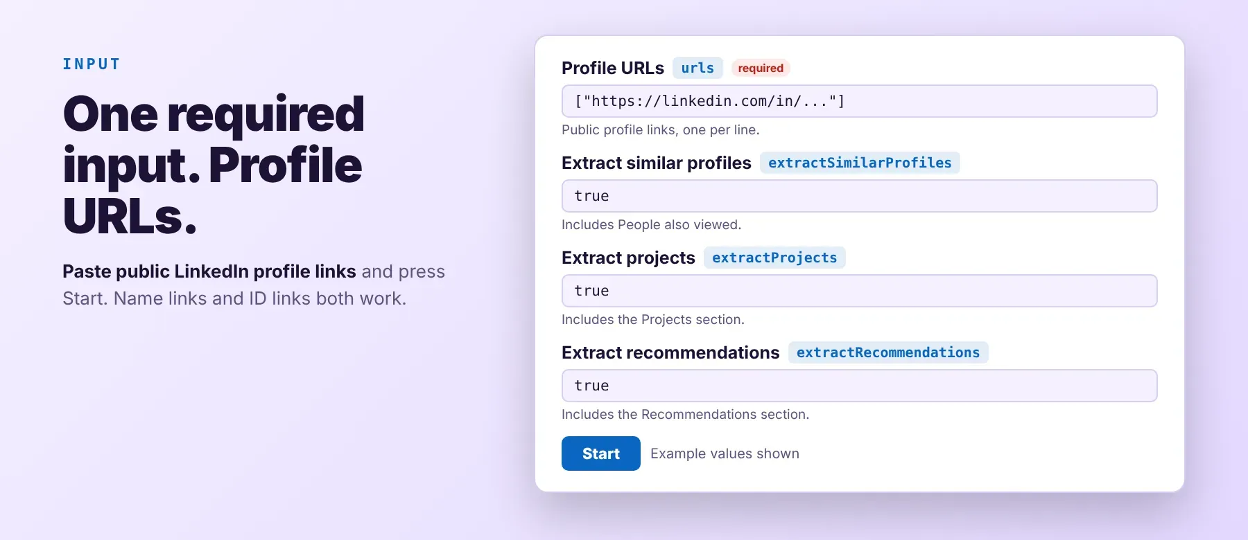 LinkedIn Profile Scraper input: profile URLs and extraction options