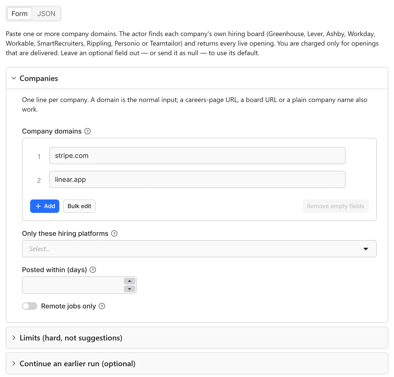 Company Jobs Scraper input form in the Apify console: company domains, hiring-platform filter, posted-within and a remote-only toggle