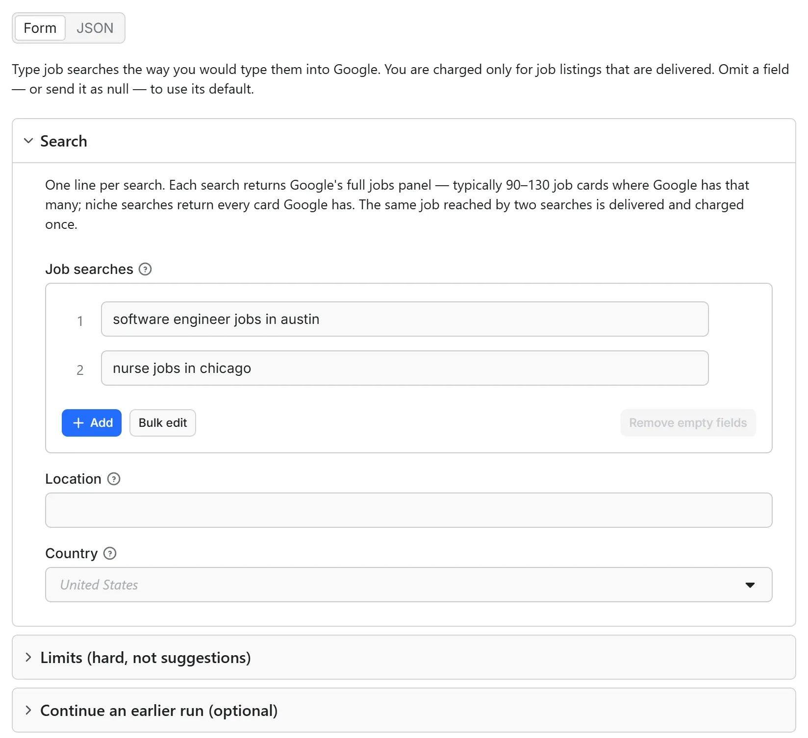 Google Jobs Scraper input form in the Apify console: job searches, location and country
