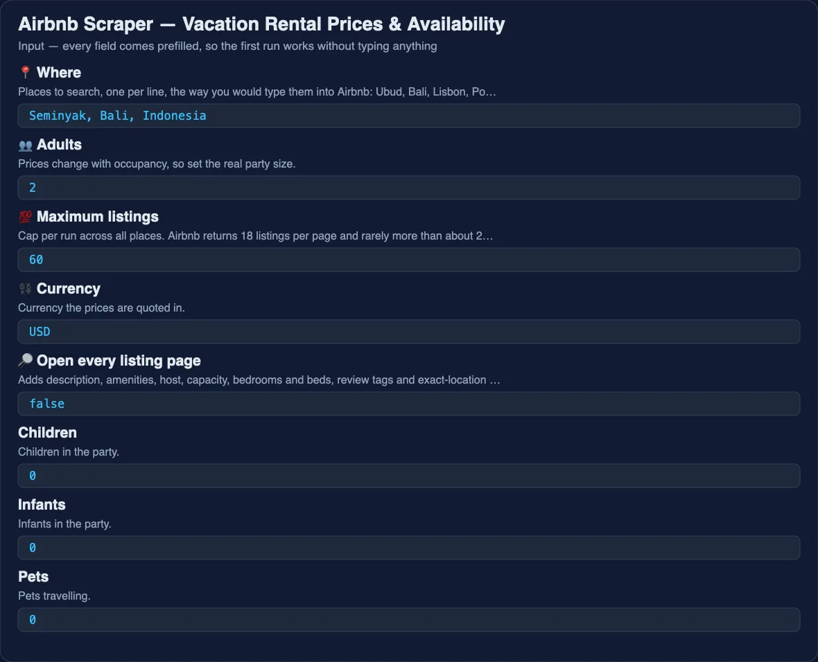 Airbnb Scraper input form: the fields a buyer fills in before pressing Start