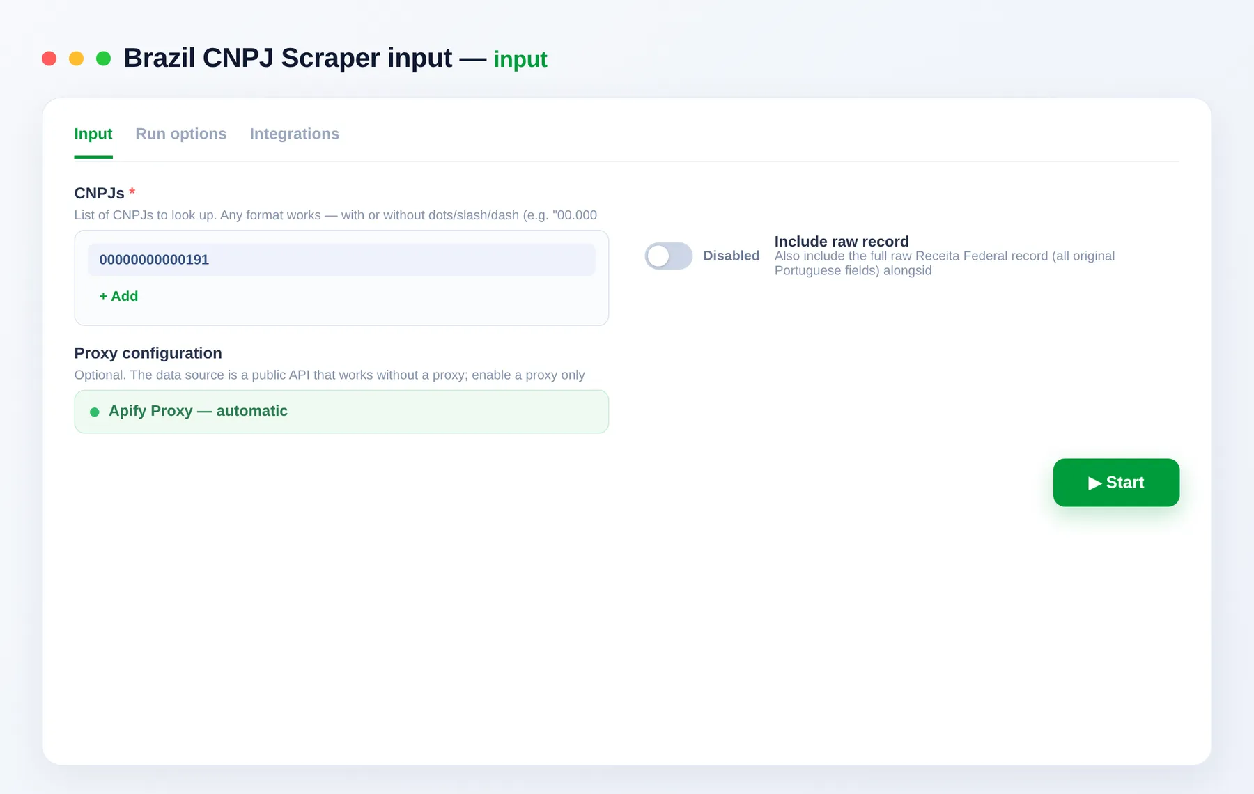 Brazil CNPJ Scraper input — a list of CNPJ numbers in the Apify Console
