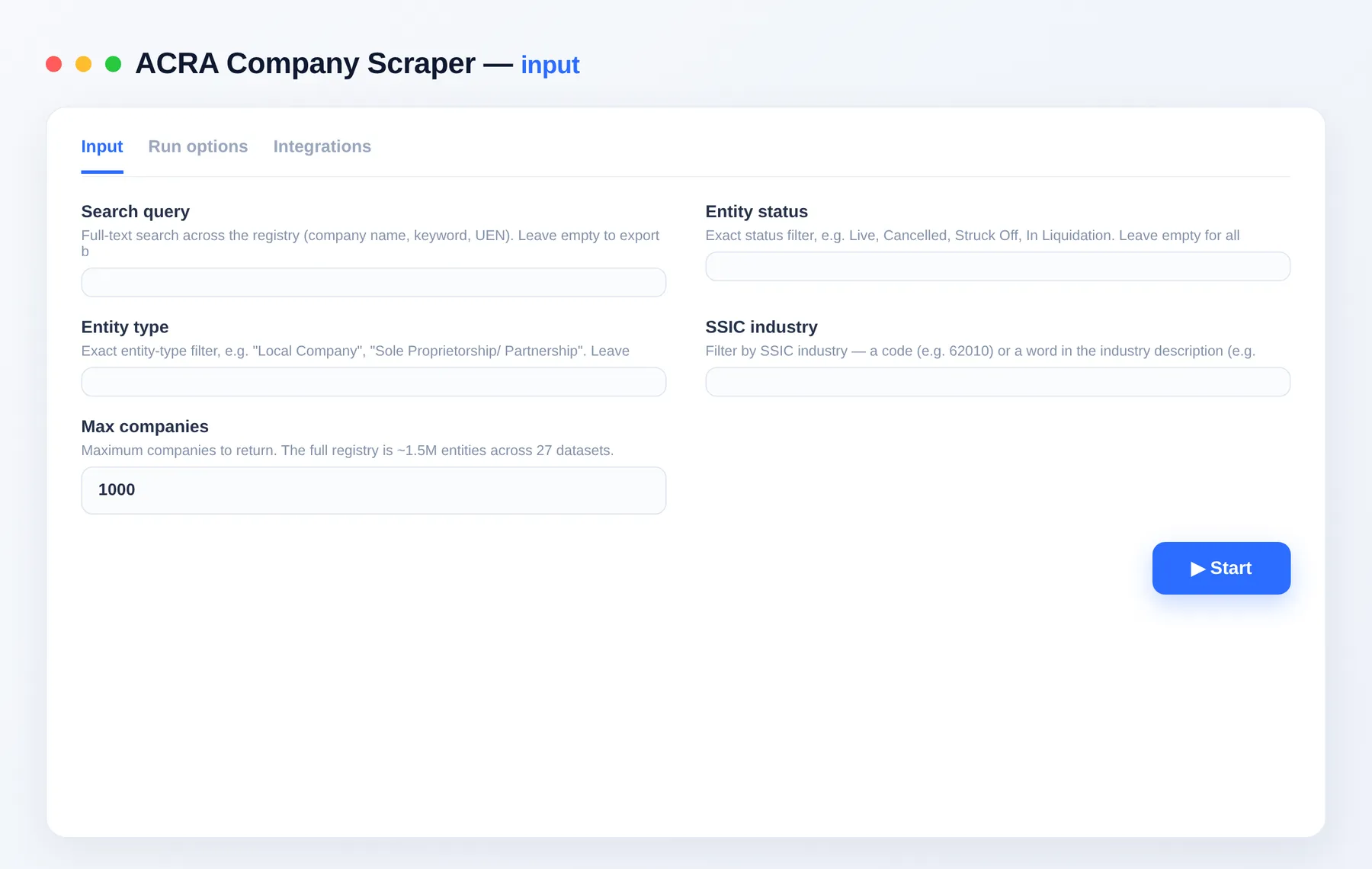 ACRA Company Scraper input — search query, status and SSIC industry in the Apify Console