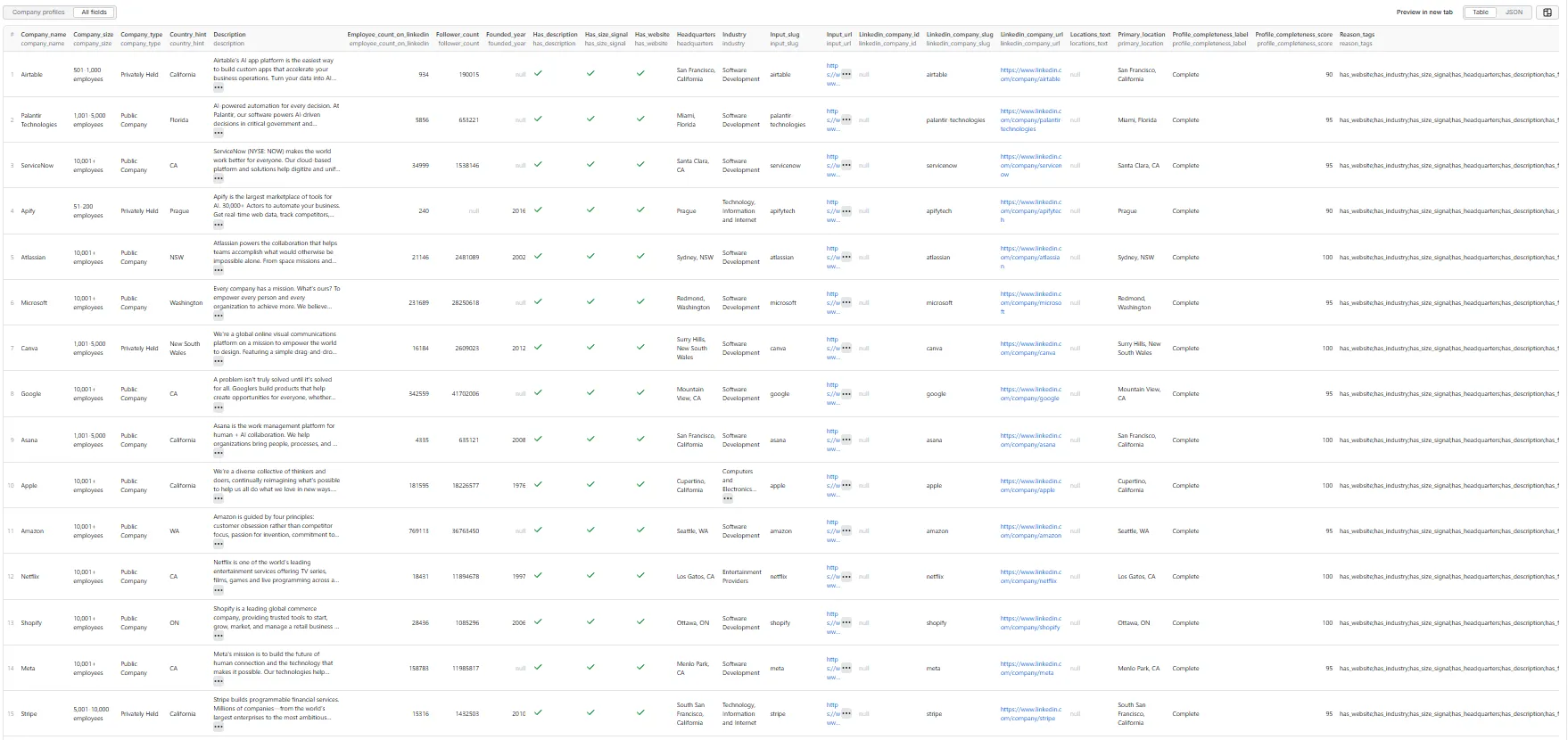 LinkedIn Company Profile Scraper — all-fields table view