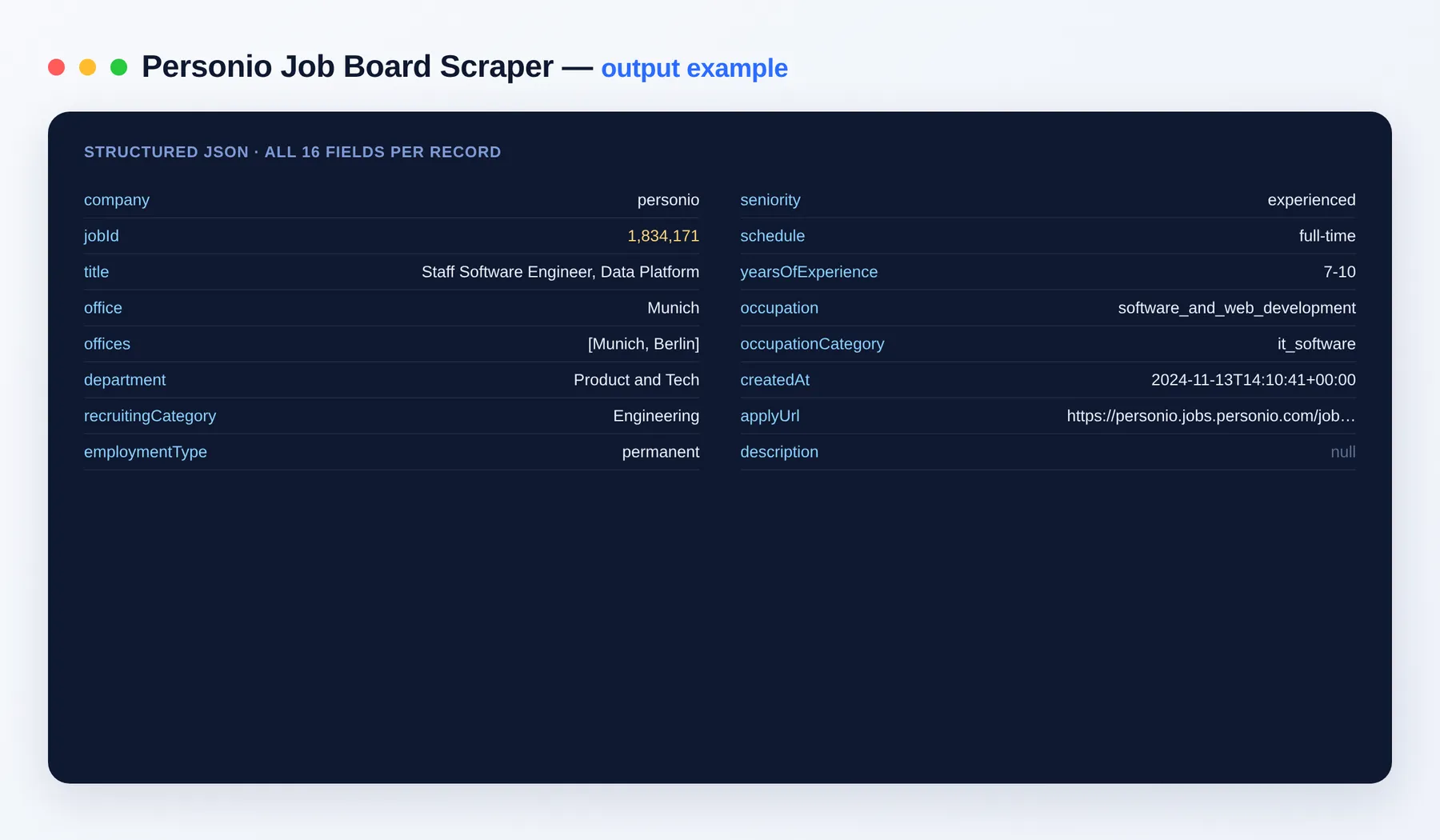 Personio Job Scraper output example β job listings as structured JSON