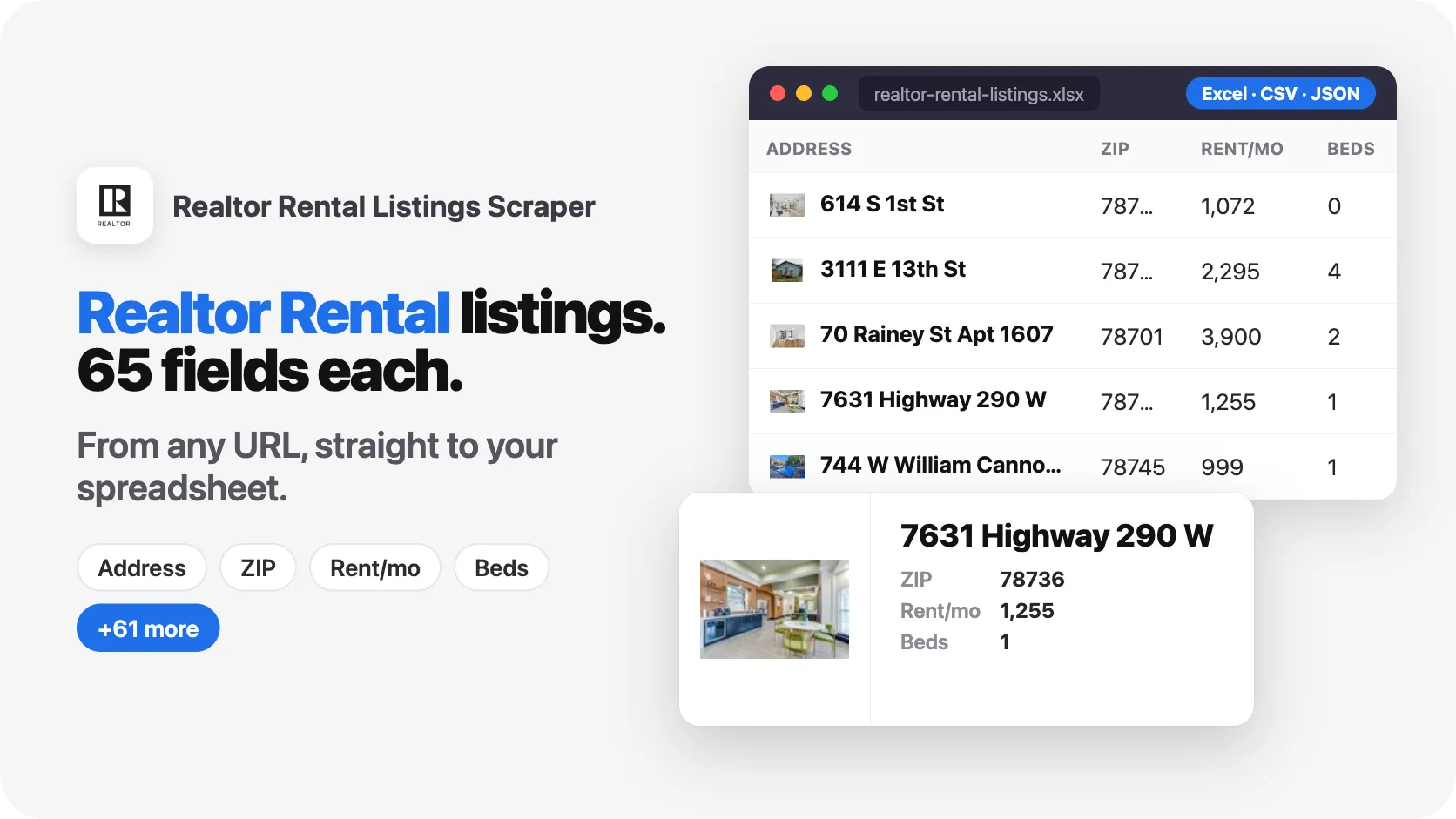 1 URL. 100 Realtor Rental Listings results. 13 fields per result.