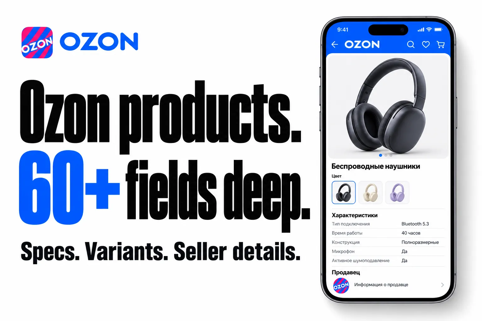 Ozon products. 60+ fields deep. Specs. Variants. Seller details.