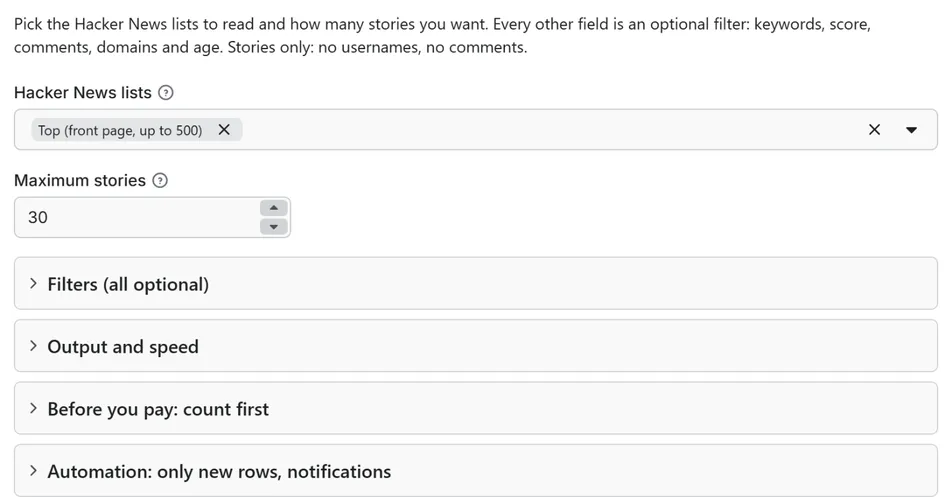 Input form of Hacker News Scraper API: Top, New, Best, Ask, Show Stories
