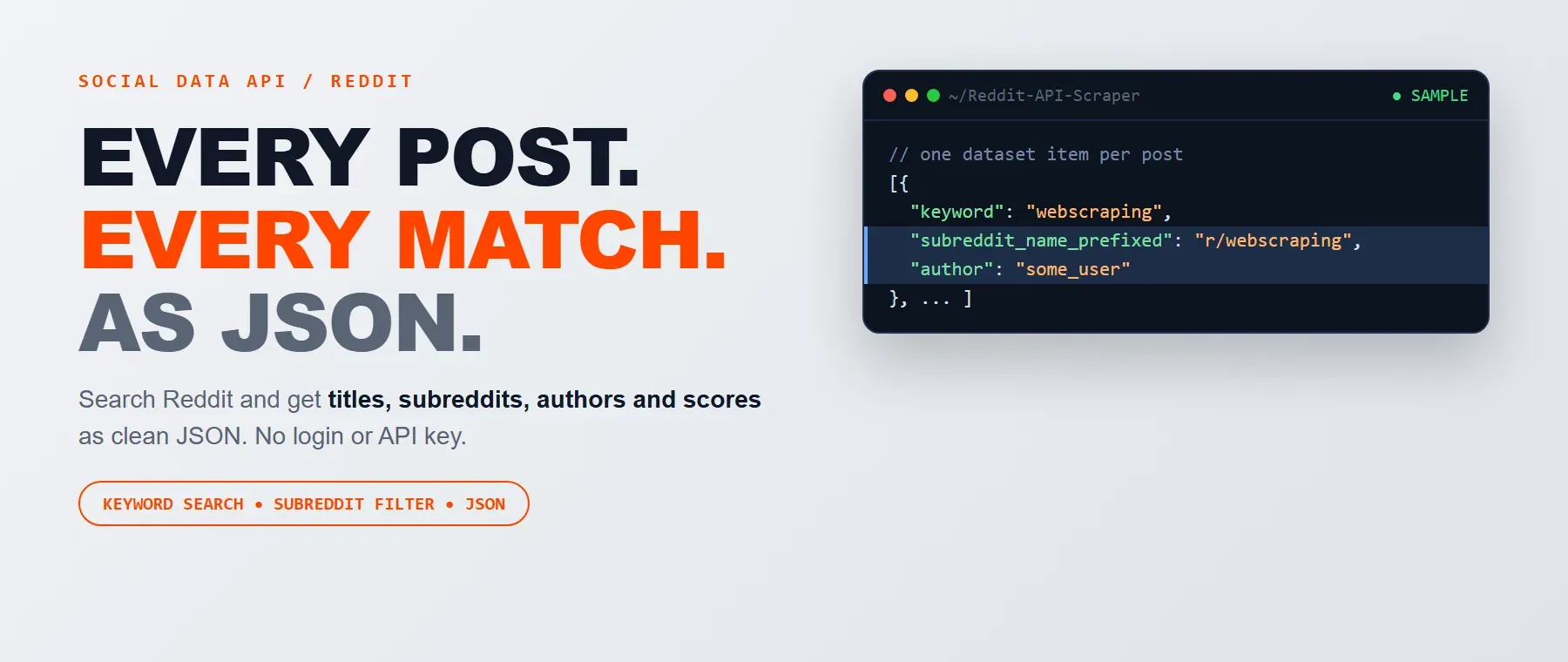 Reddit API Scraper: every matching Reddit post as JSON