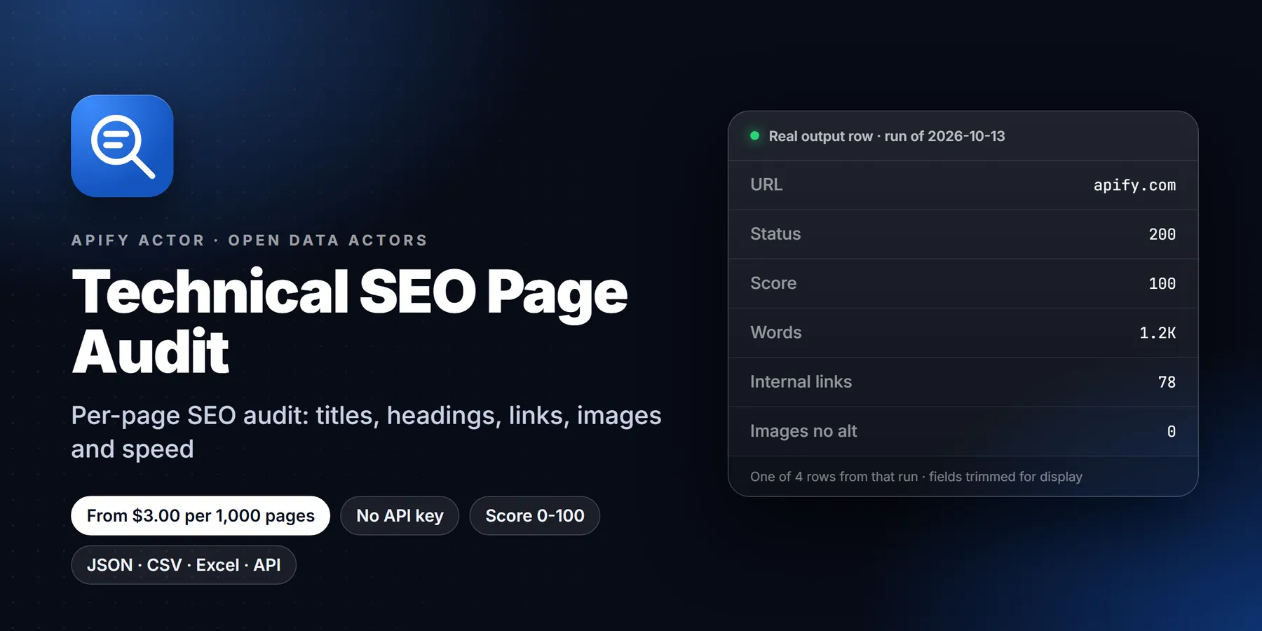 Technical SEO Audit: features, price and a real output row