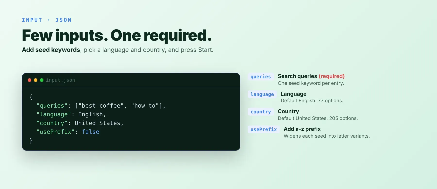 Google Search Autocomplete Scraper input form with queries, language and country