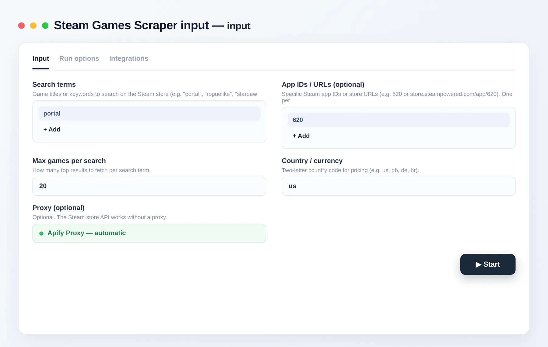 Steam Games Scraper input — search terms, app IDs and country in the Apify Console