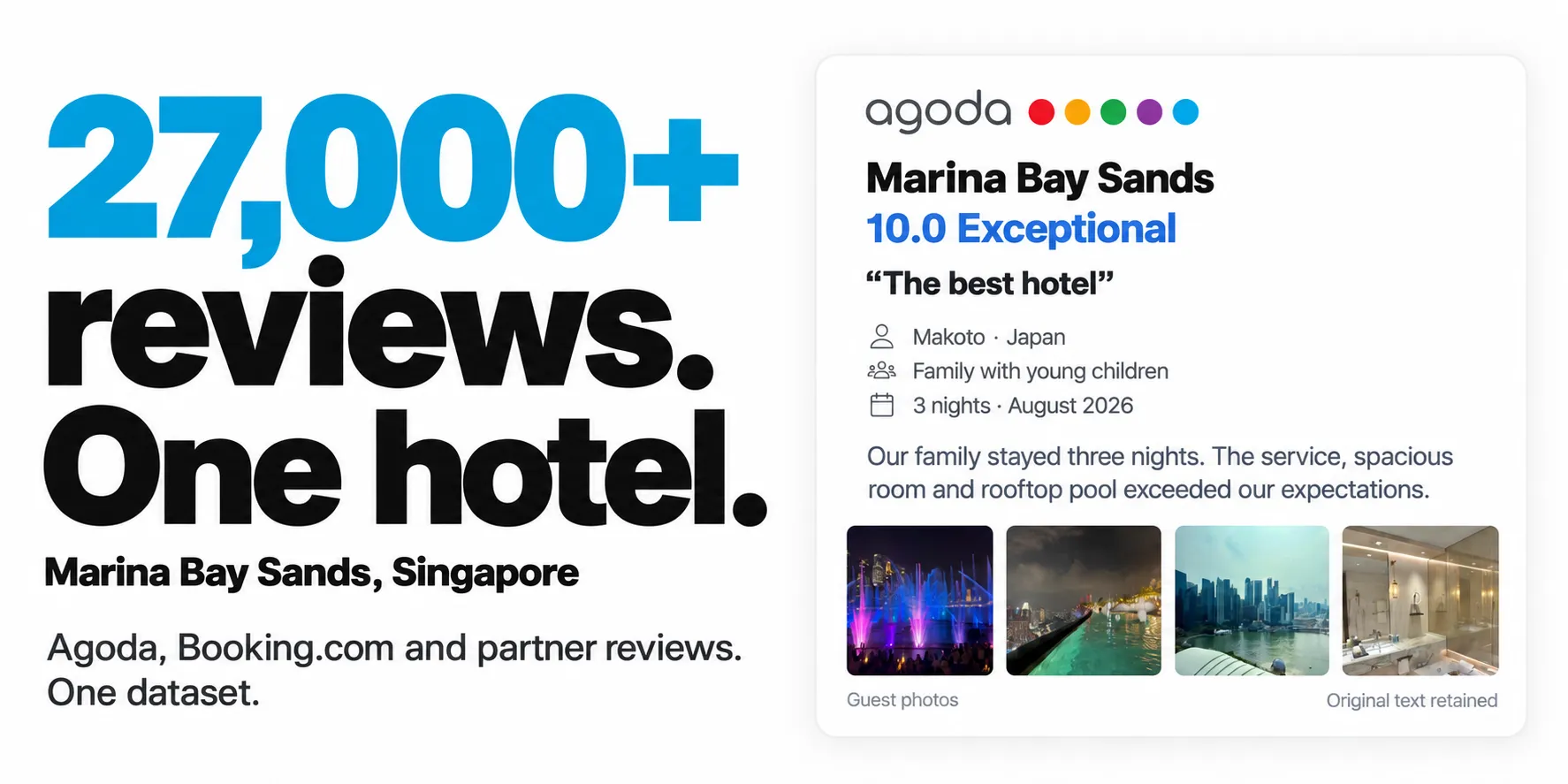 27,000+ reviews. One hotel. Marina Bay Sands, Singapore. Agoda, Booking.com and partner reviews in one dataset.