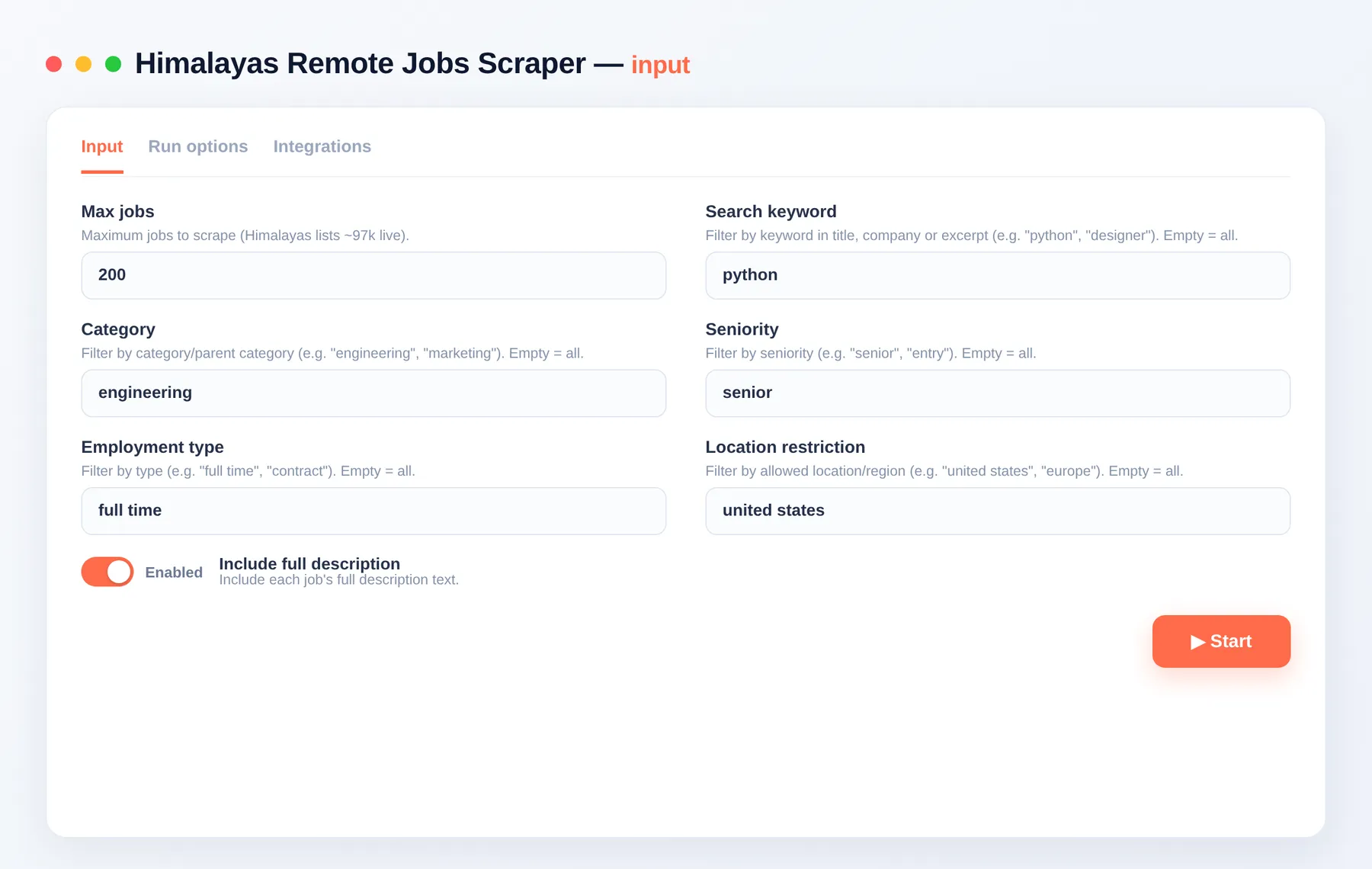 Himalayas Remote Jobs Scraper input — keyword, seniority and location filters in the Apify Console