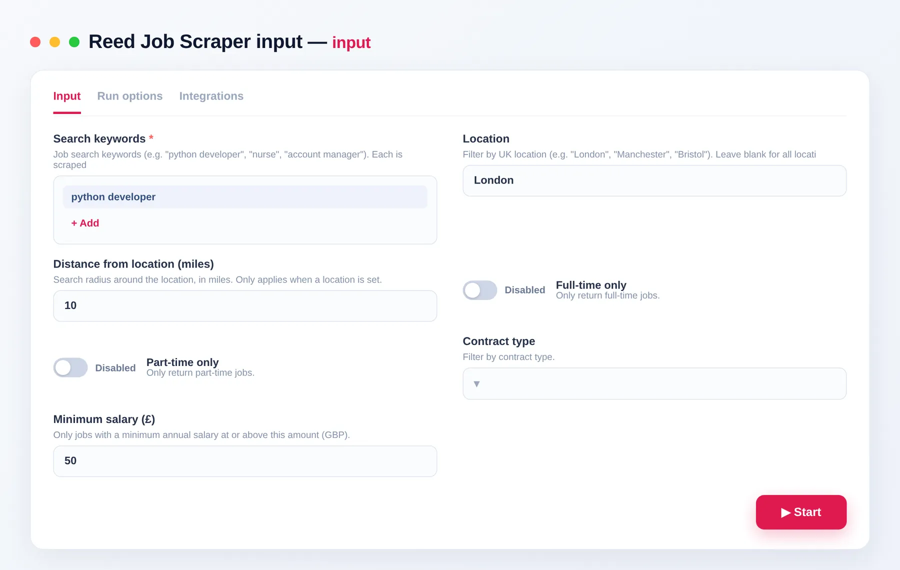 Reed Job Scraper input — keywords, location and salary filters in the Apify Console