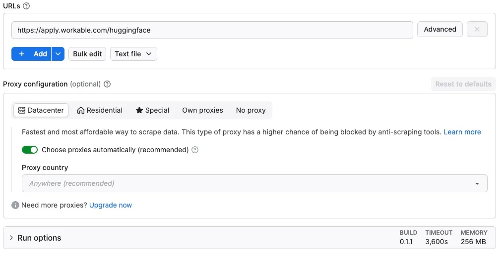 Workable Job Scraper input