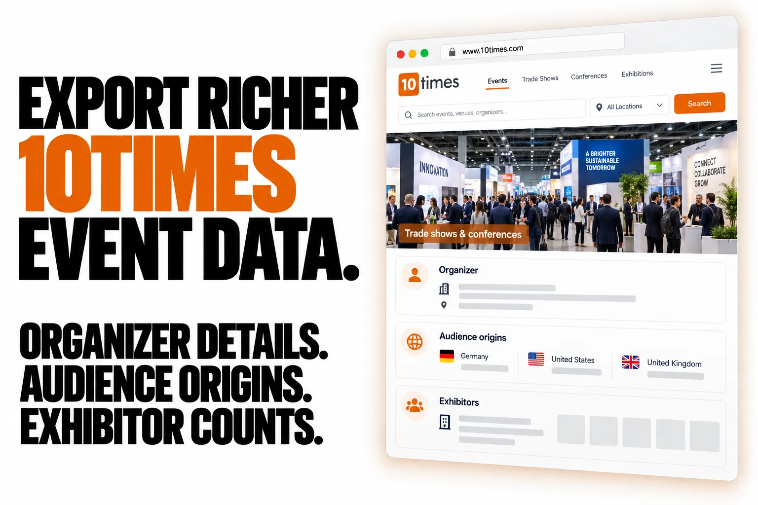 EXPORT RICHER 10TIMES EVENT DATA. ORGANIZER DETAILS. AUDIENCE ORIGINS. EXHIBITOR COUNTS.