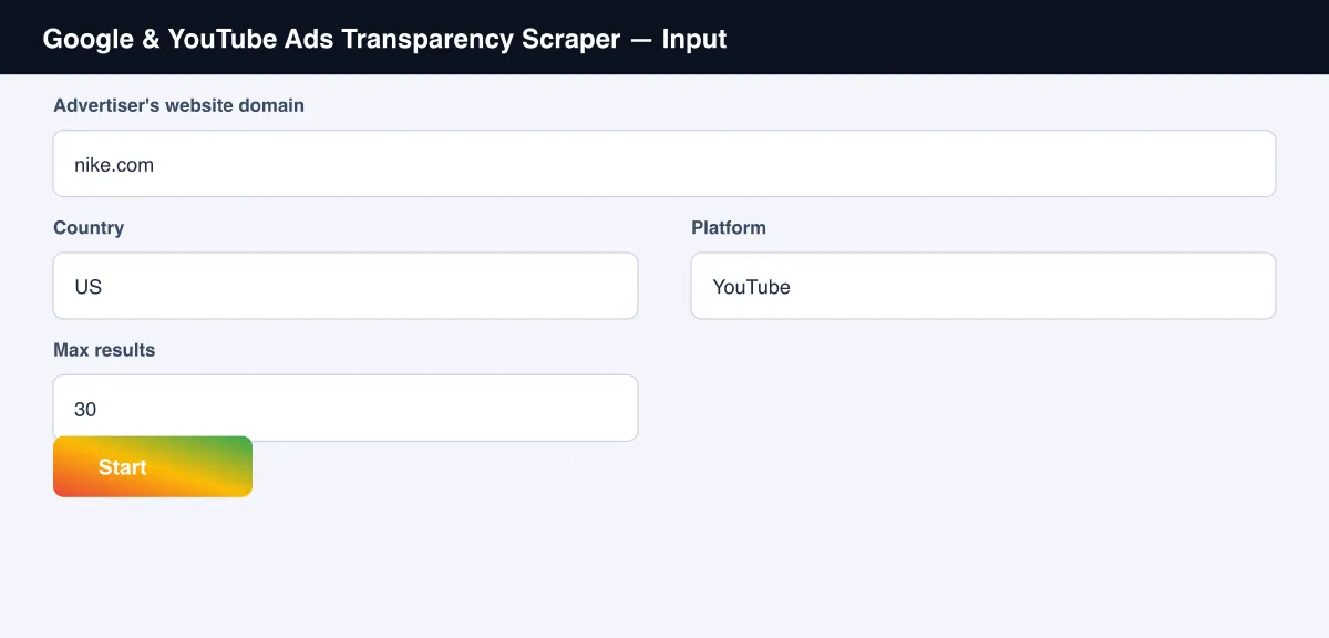 Google & YouTube Ads Transparency Scraper input form with domain, country and platform