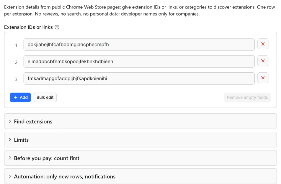 Input form of Chrome Web Store Scraper: Users, Ratings & Versions