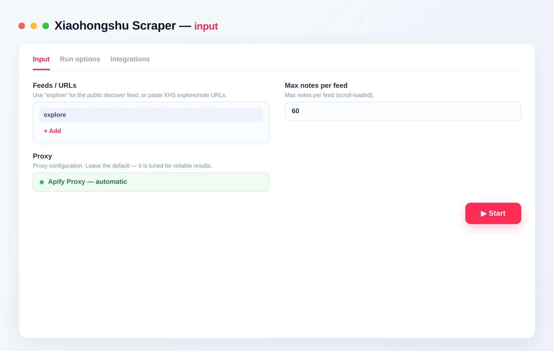 Xiaohongshu Scraper input — options in the Apify Console
