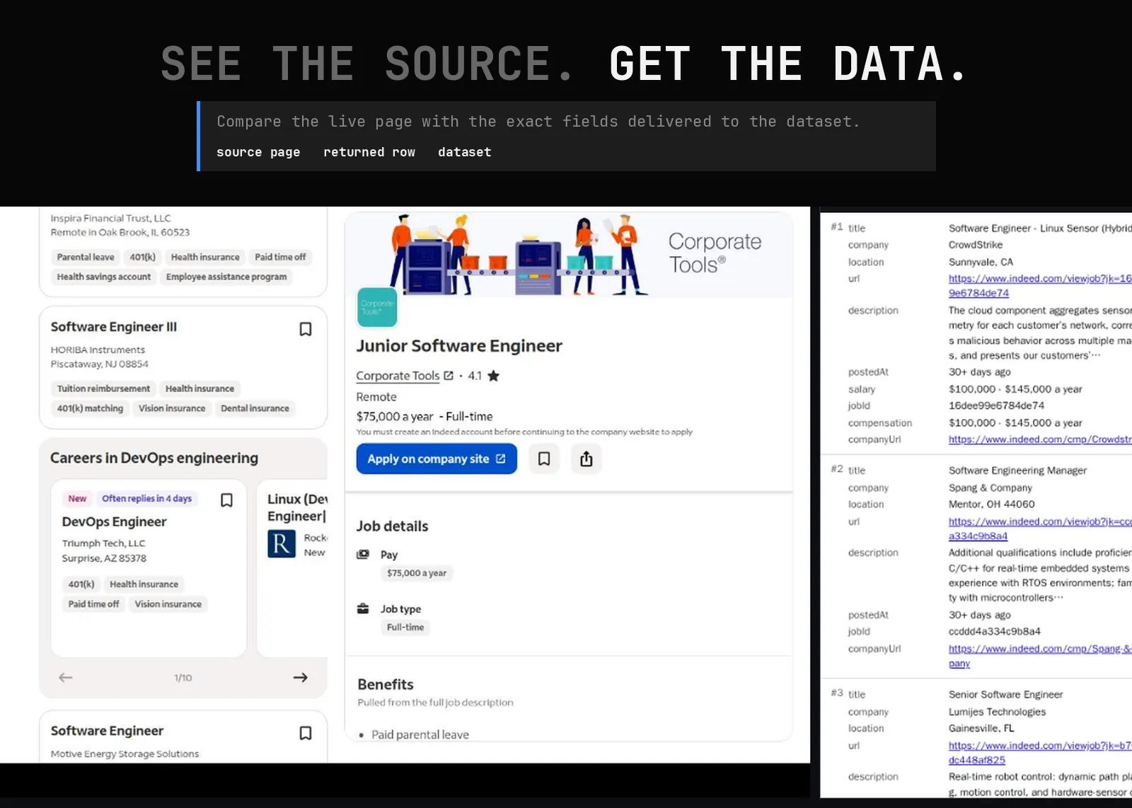 Indeed Job Search Scraper source page and returned record