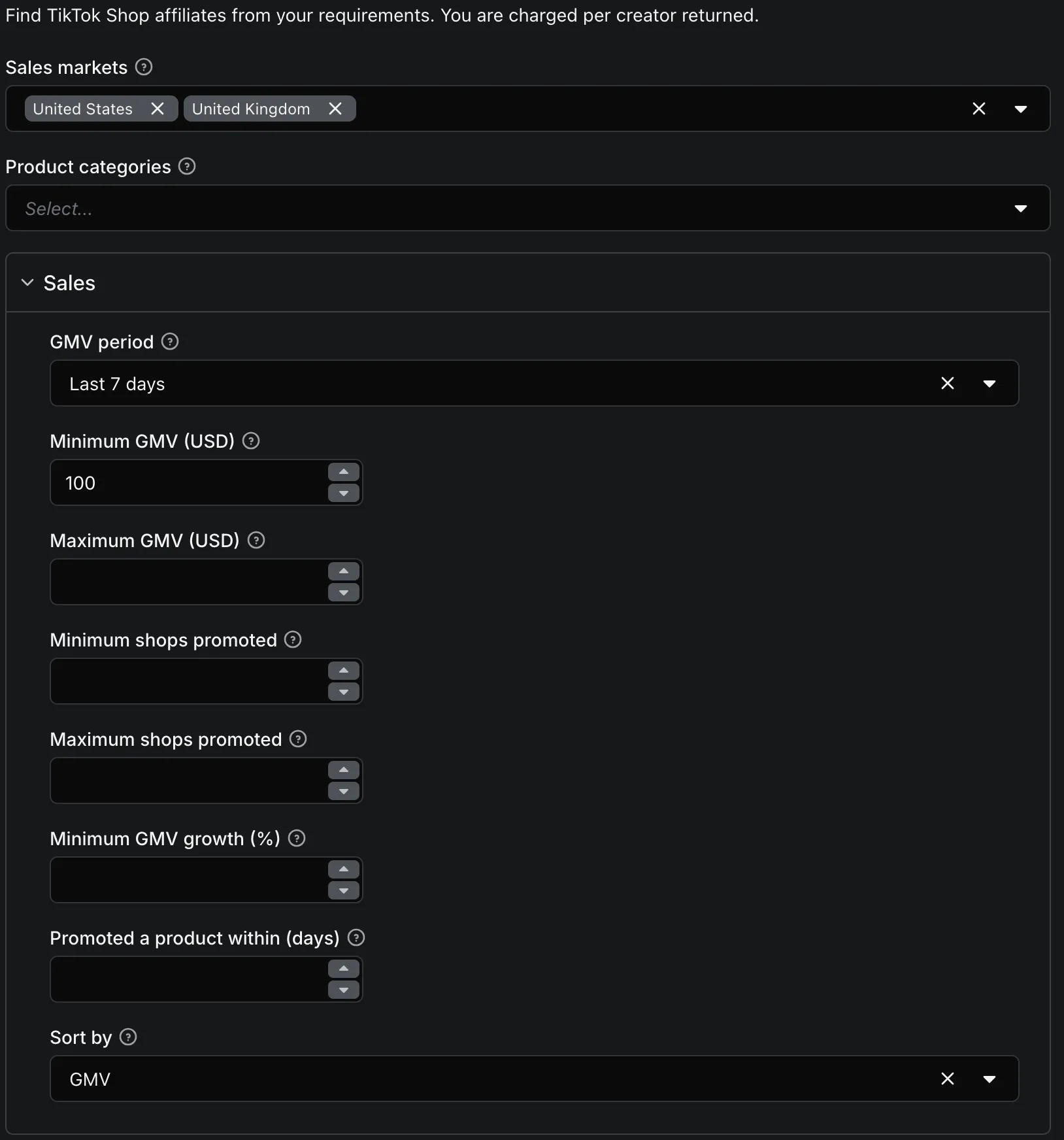 Actor input — sales market, categories, GMV range and filters