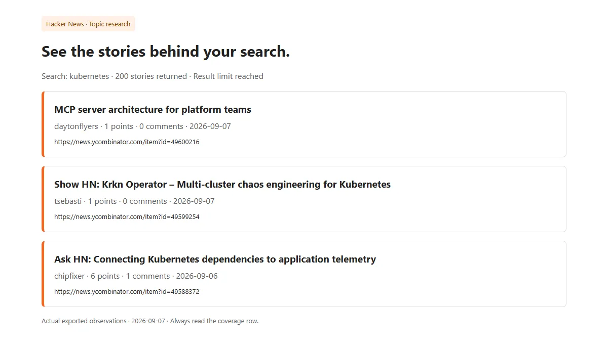 Actual Hacker News search results
