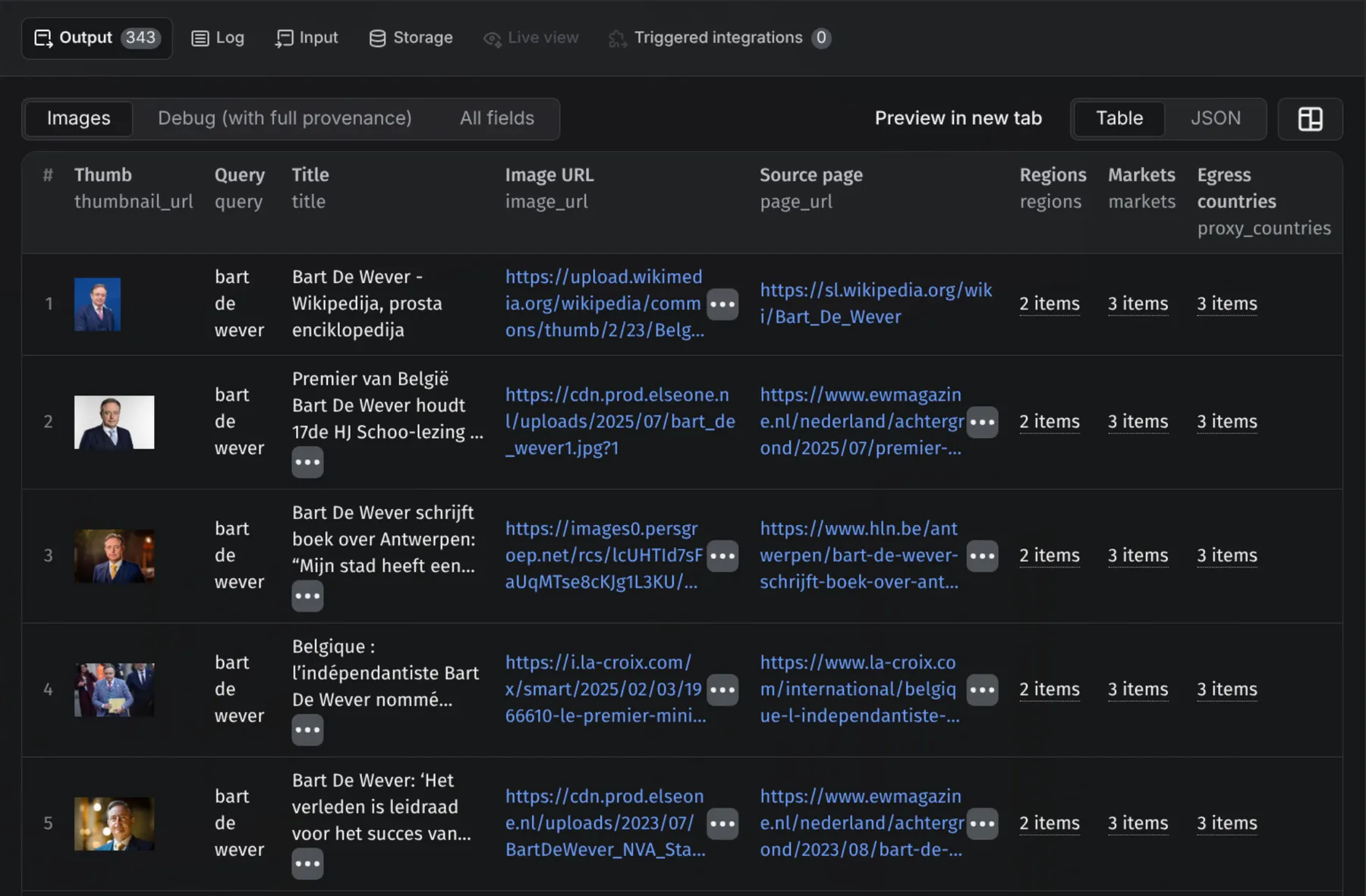 Bing Image Search API results in the Apify console: full-size image URLs, source pages, thumbnails, and metadata