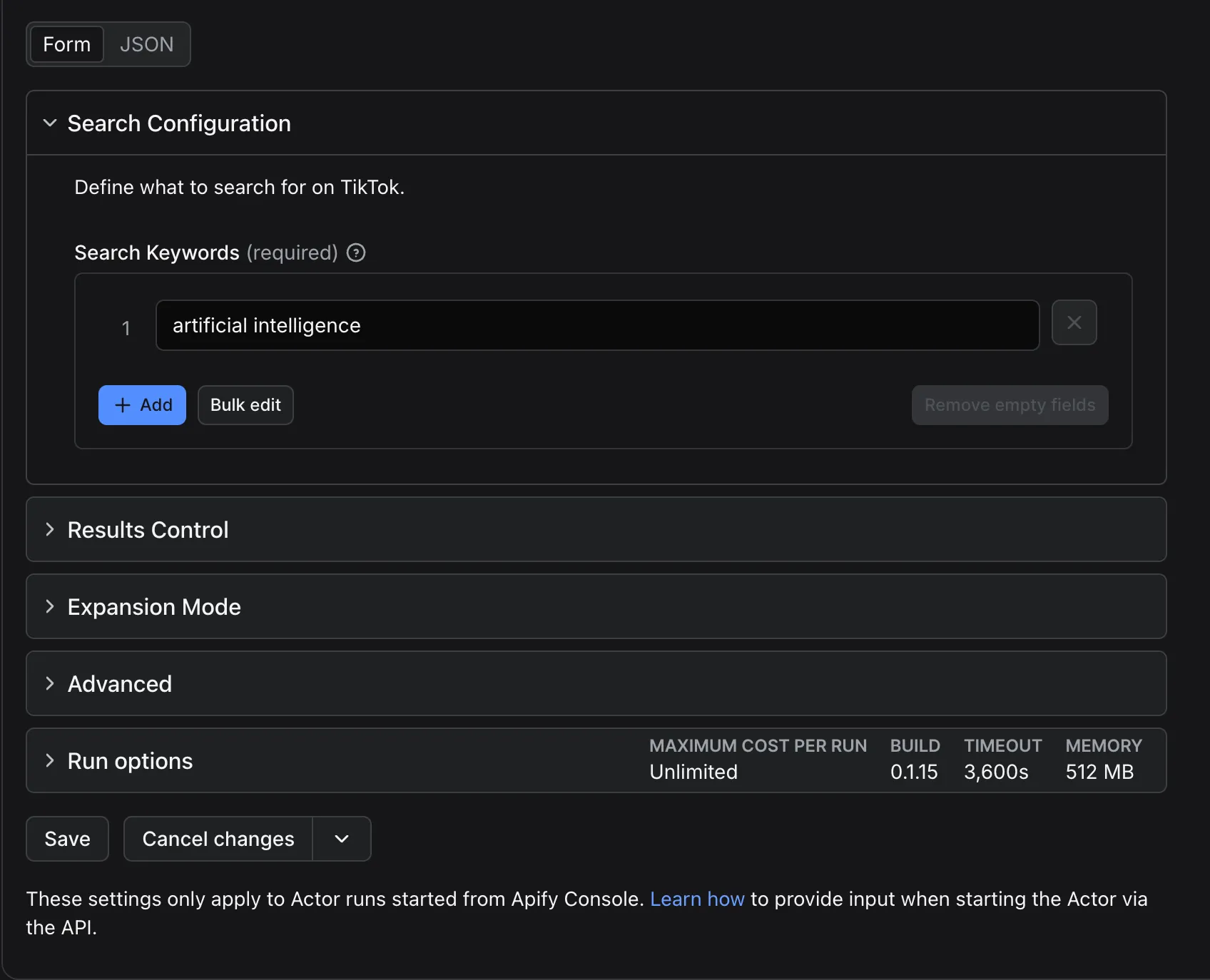 TikTok Search Scraper input form