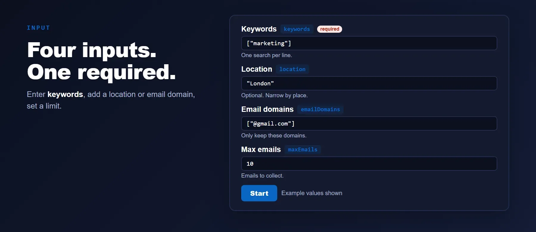Steam Email Scraper input: keywords, location, email domains and max emails
