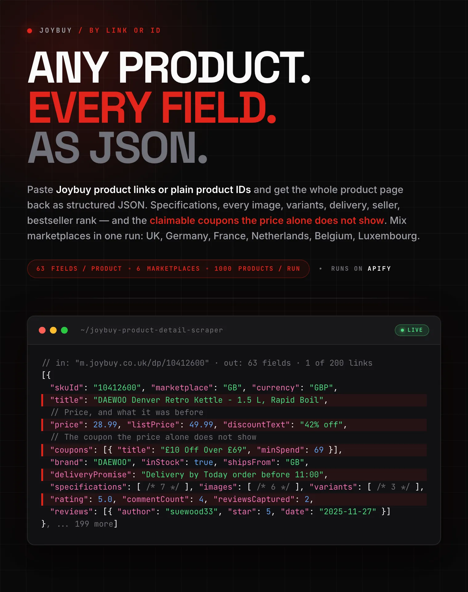 Joybuy product detail scraper output: product title, price and claimable coupons in GBP, specifications, variants, delivery promise and customer reviews as structured JSON