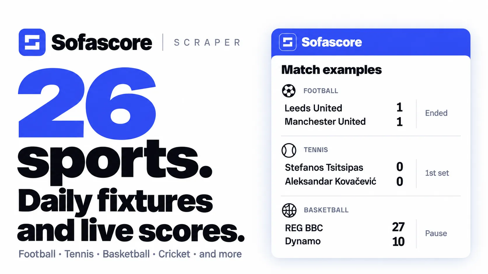 26 sports. Daily fixtures and live scores.