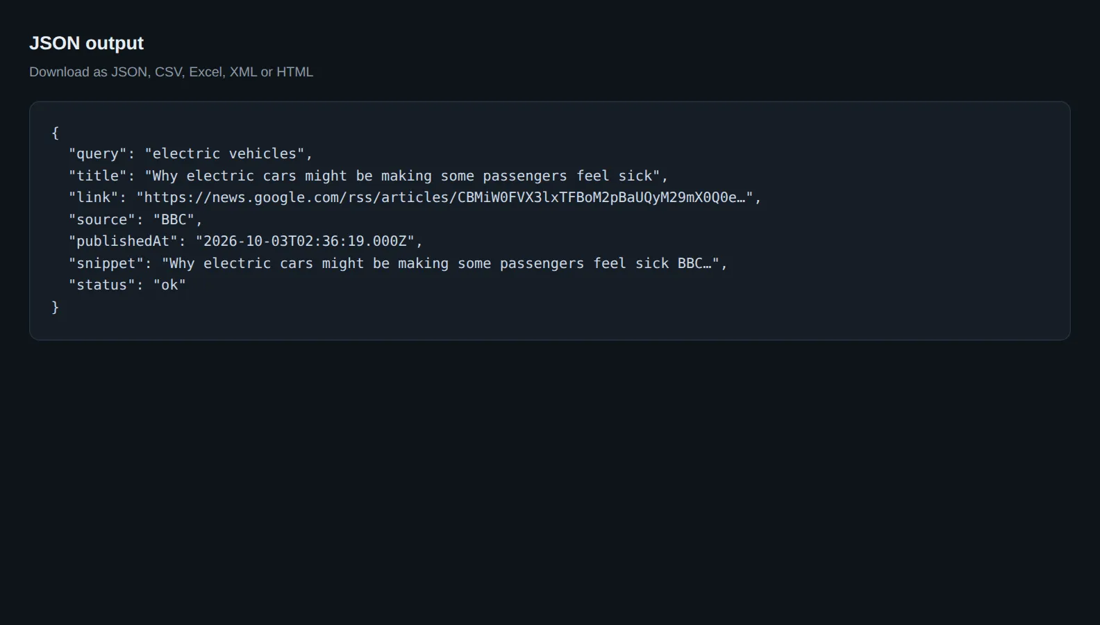 JSON output of one article