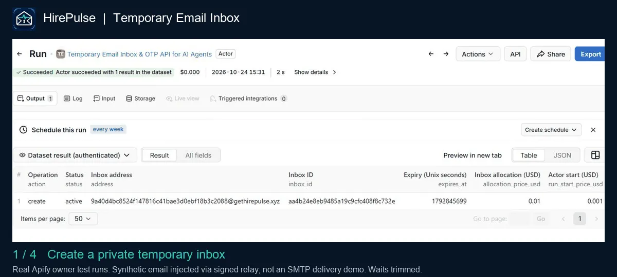 Real Apify test runs: create inbox, pending status, extract a synthetic code, delete inbox