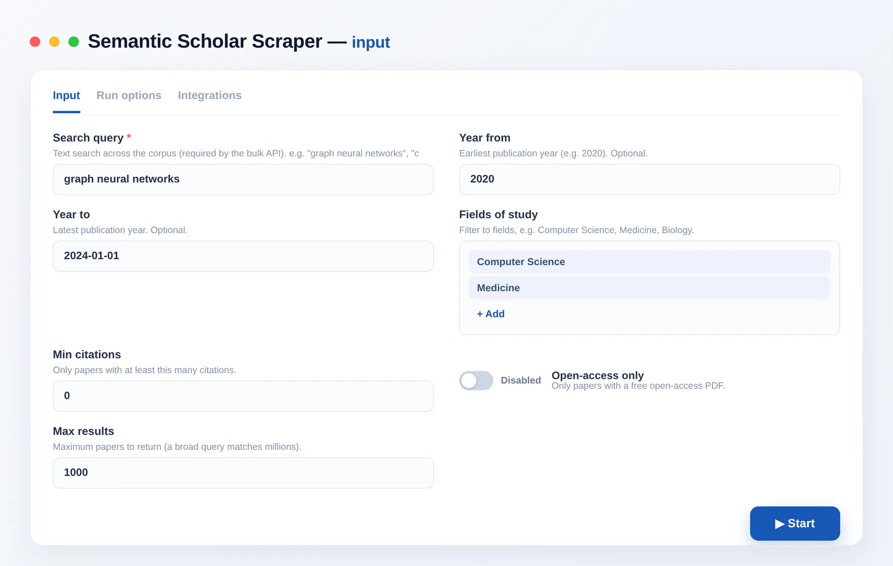 Semantic Scholar Scraper input — query, year range and field-of-study filters in the Apify Console
