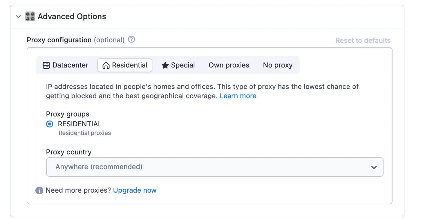 Scraper Sample Advanced Options Input