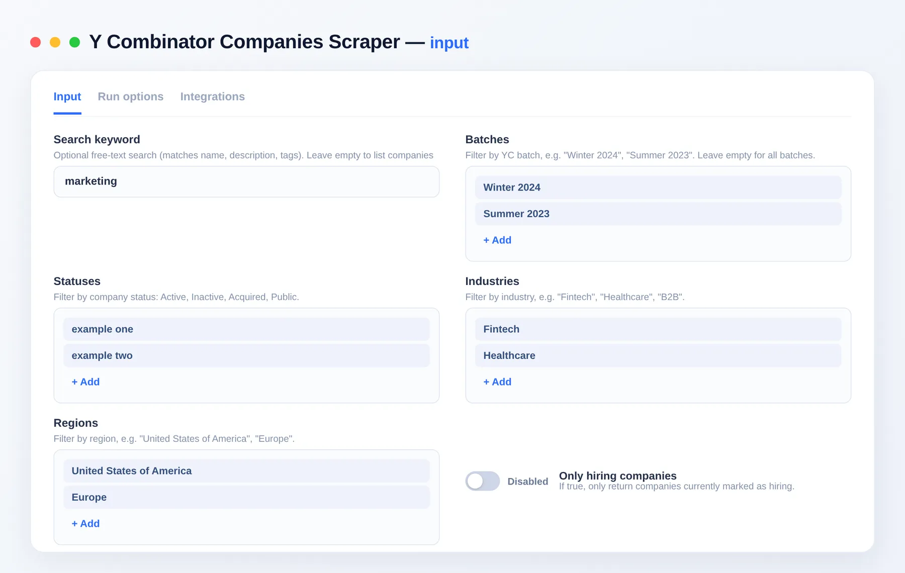 Y Combinator Companies Scraper input — batch, industry and status filters in the Apify Console