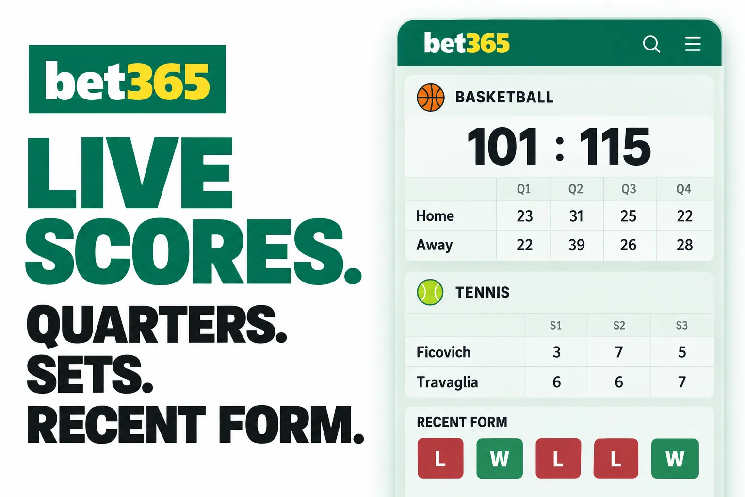 Live scores. Quarters. Sets. Recent form.